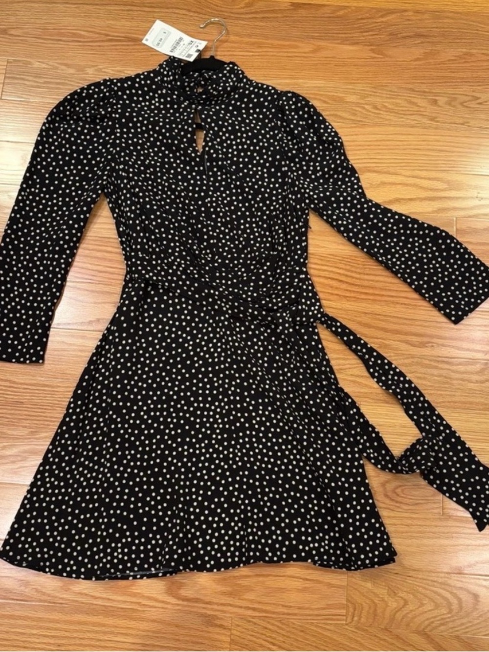 Zara Black and White Polka Dot Long Sleeve Wrap Dress